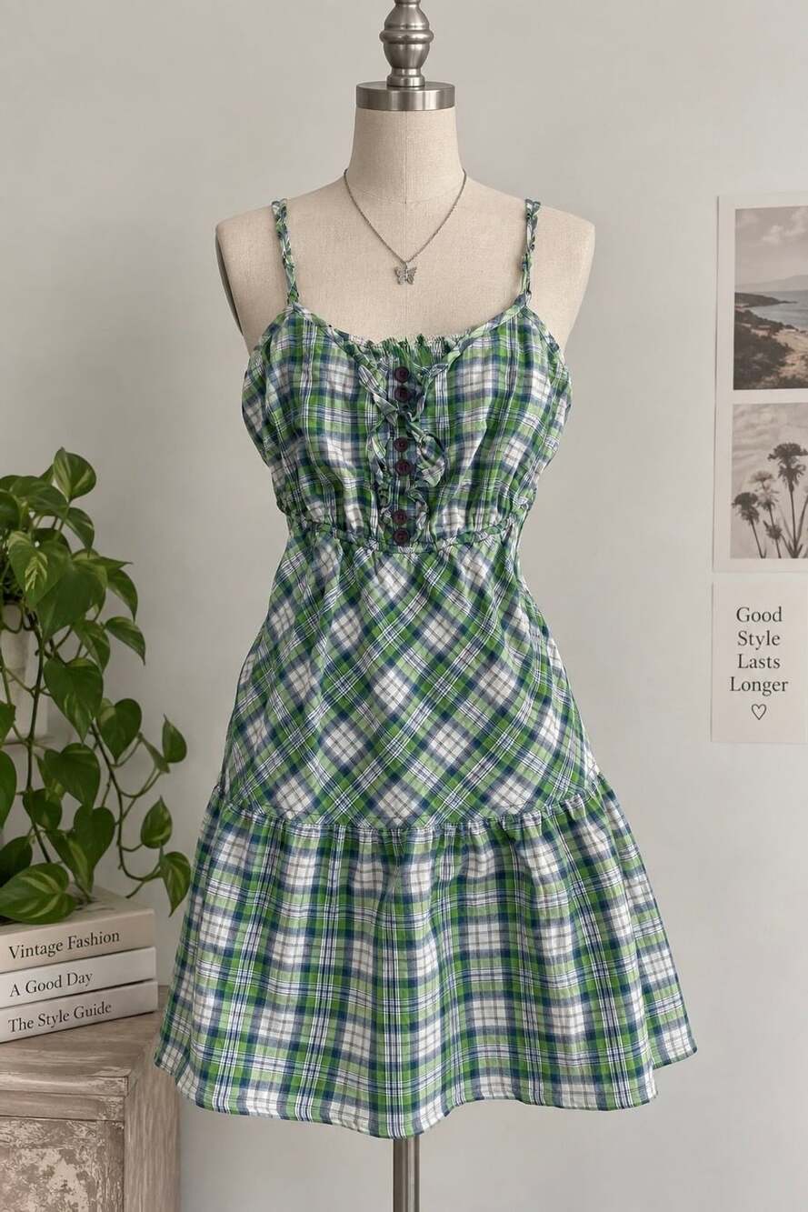Be Bop Plaid Dress Size L Green White Blue Camisole Ruffle Mini